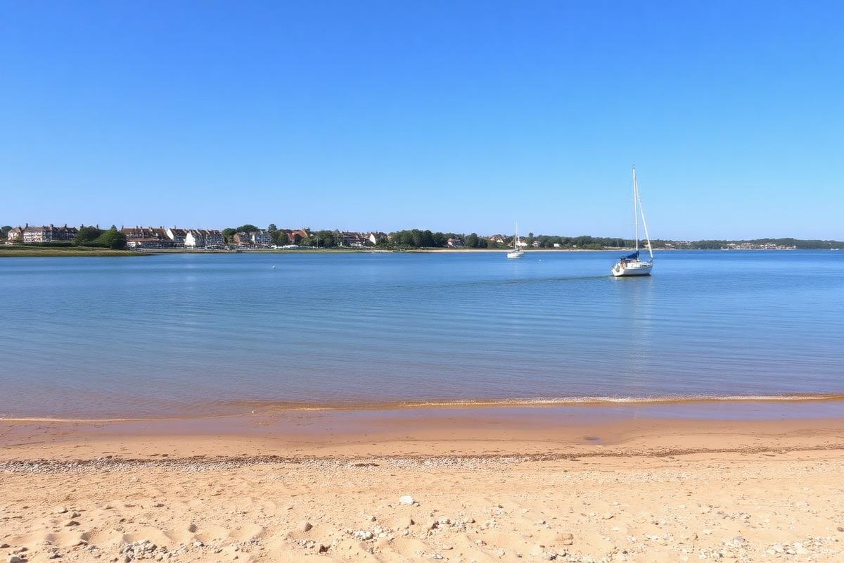 Hornsea Mere with sailing boats and sandy shoreline