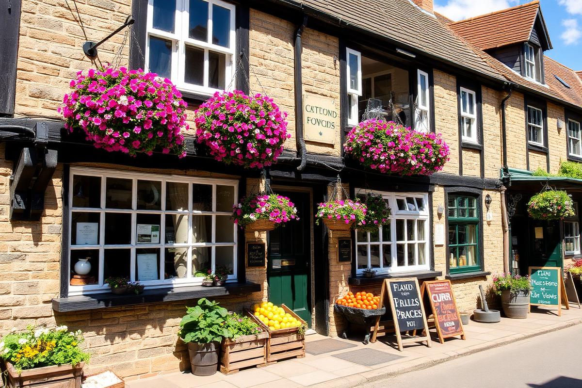 Traditional village pub with hanging flower baskets and farm produce