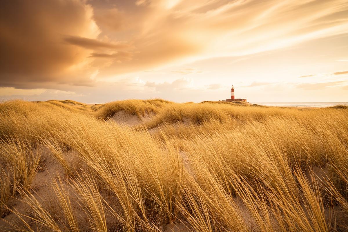 Dune grass and lighthouse at Spurn Point nature reserve